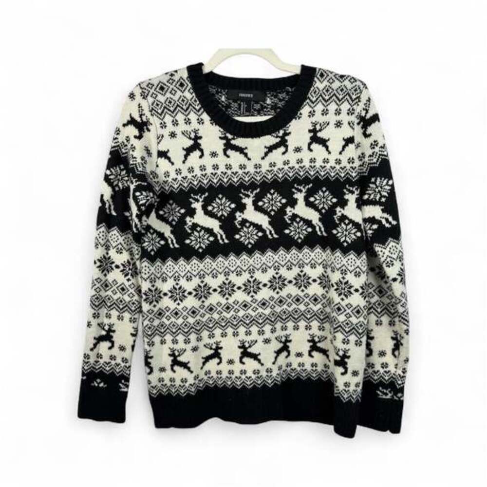 Forever 21 Women's Black & White Reindeer Fair Isle Christmas Sweater Size S